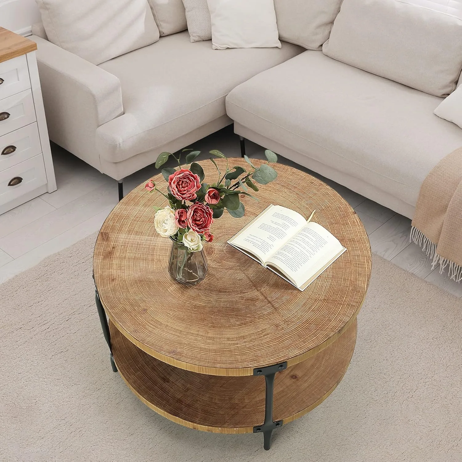 Round Boho Wood Coffee Table - 3